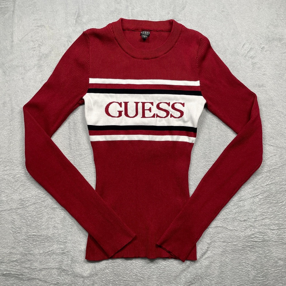 Guess Sweater Women S Red Ribbed Knit Long Sleeve Logo Stripe